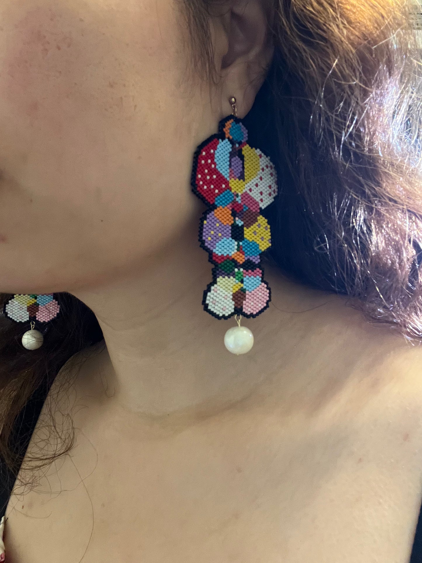 “Patchwork Petal” Beaded Earrings with Pearl Drop