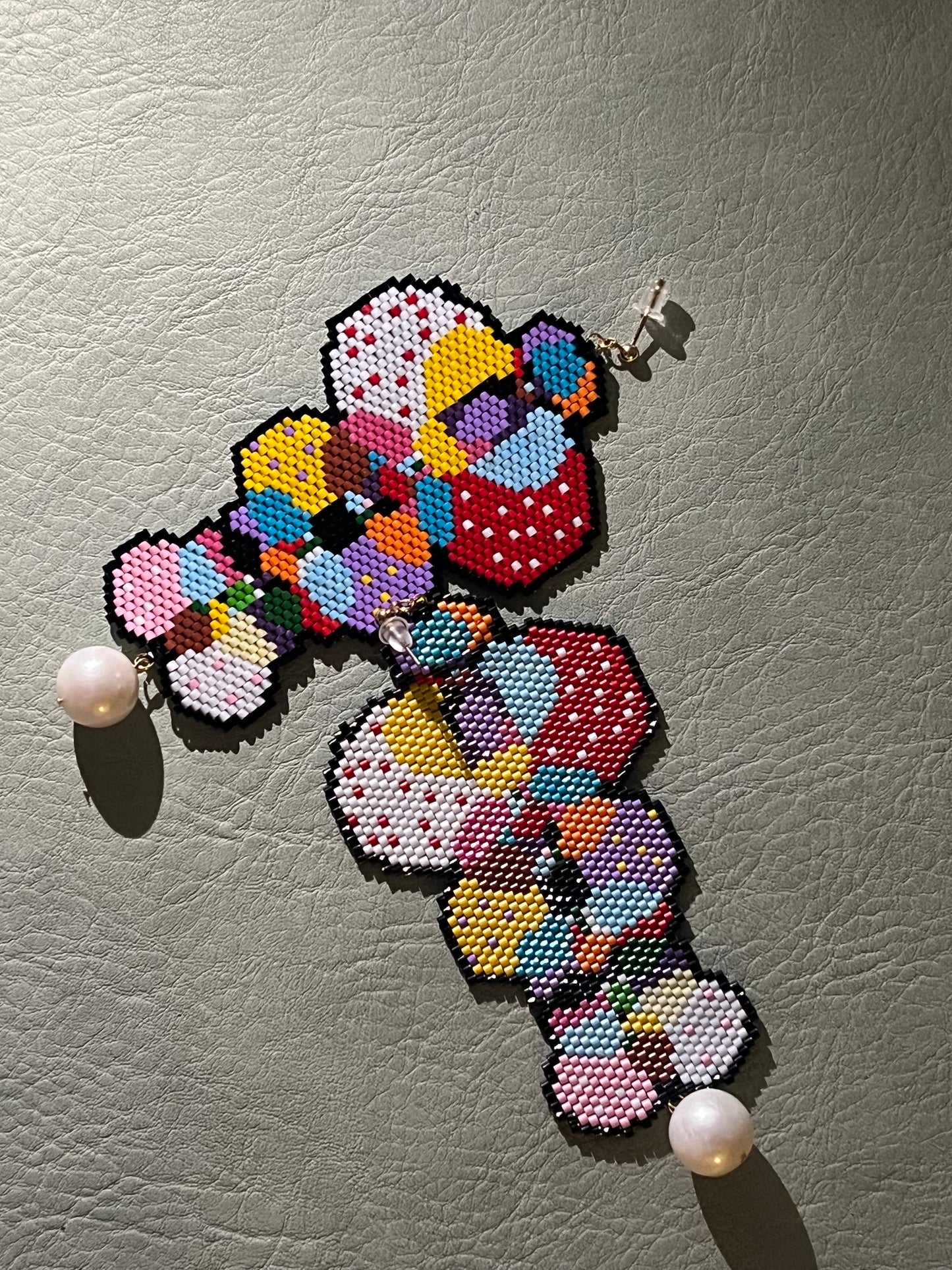 “Patchwork Petal” Beaded Earrings with Pearl Drop