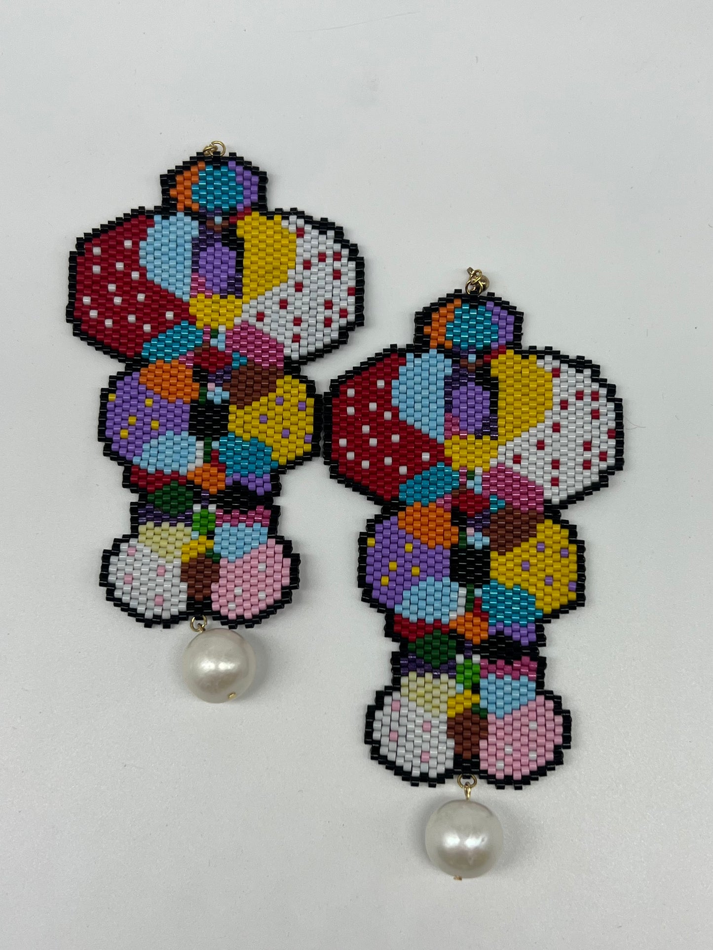 “Patchwork Petal” Beaded Earrings with Pearl Drop